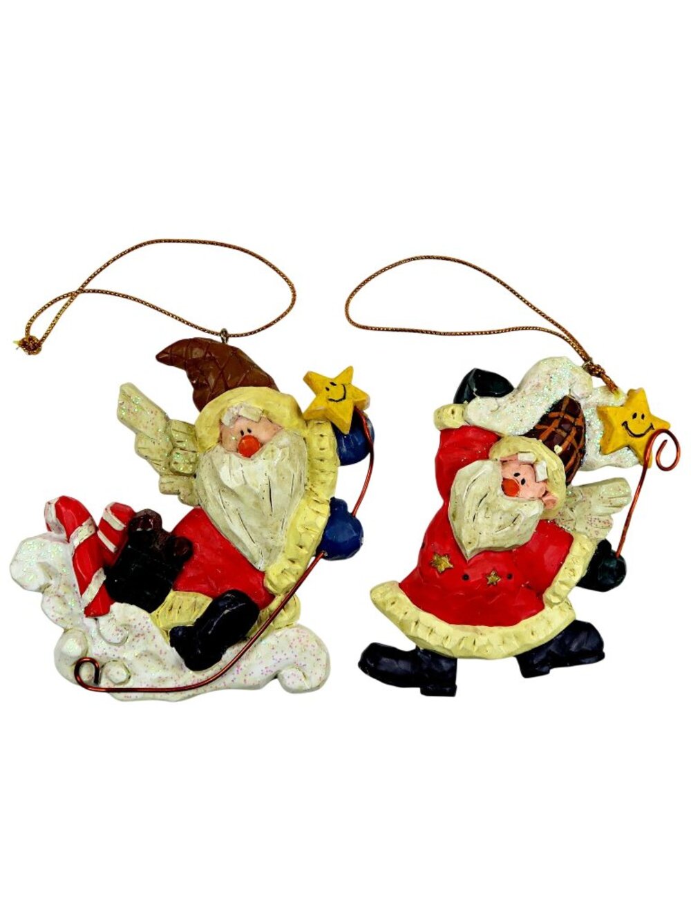 For My Life Santa Resin Ornaments, Folk Art Style Christmas Set of 2 (1999)